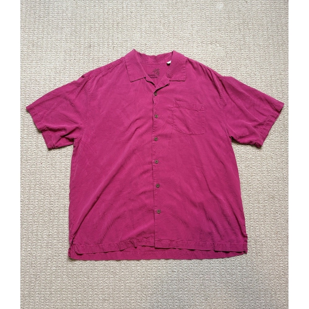 Tommy Bahama Men's XL Silk Button Up Shirt Pink Short Sleeve Palm Jacquard Camp